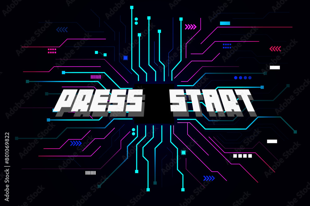 Poster press start retro video game background.circuit game over on technology background design.