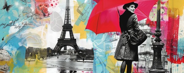 pop art illustration collage style of Tour Eiffel, Paris city symbol , travel destination concept 