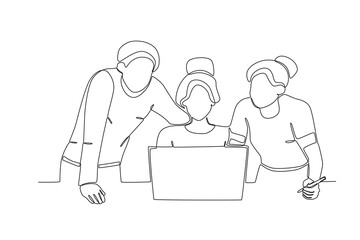 Single continuous line drawing of Three colleagues sharing thoughts with each other2, Neighbors concept. Trendy one line draw design vector illustration.
