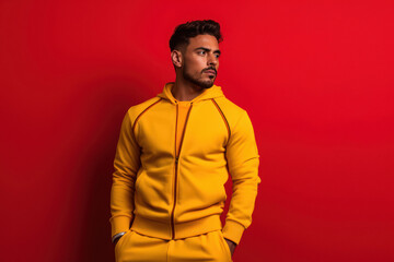 Obraz premium Young and stylish man in tracksuit on red background