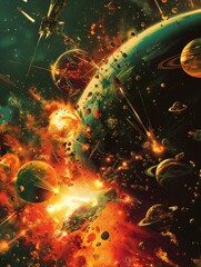 Space Alien Planet Background with Nebula and Fractal Design Element