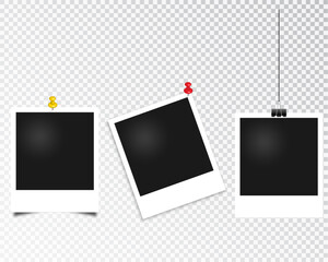 Set of polaroid vector photo frames on transparent background. Photo design. Template of photo frames on sticky tape. Vector illustration