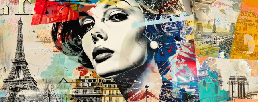 pop art illustration collage style of Tour Eiffel, Paris city symbol , travel destination concept 