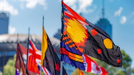 Australian Indigenous flags at the NAIDOC Week celebrations, rich earth tones and symbolic patterns, showcasing the depth of Indigenous culture