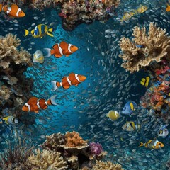 Naklejka premium School of orange, white clownfish swims through vibrant coral reef teeming with life. Various species of fish in kaleidoscope of colors, including blue tangs, angelfish.