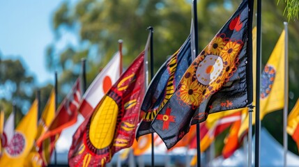 Australian Indigenous flags at the NAIDOC Week celebrations, rich earth tones and symbolic patterns, showcasing the depth of Indigenous culture