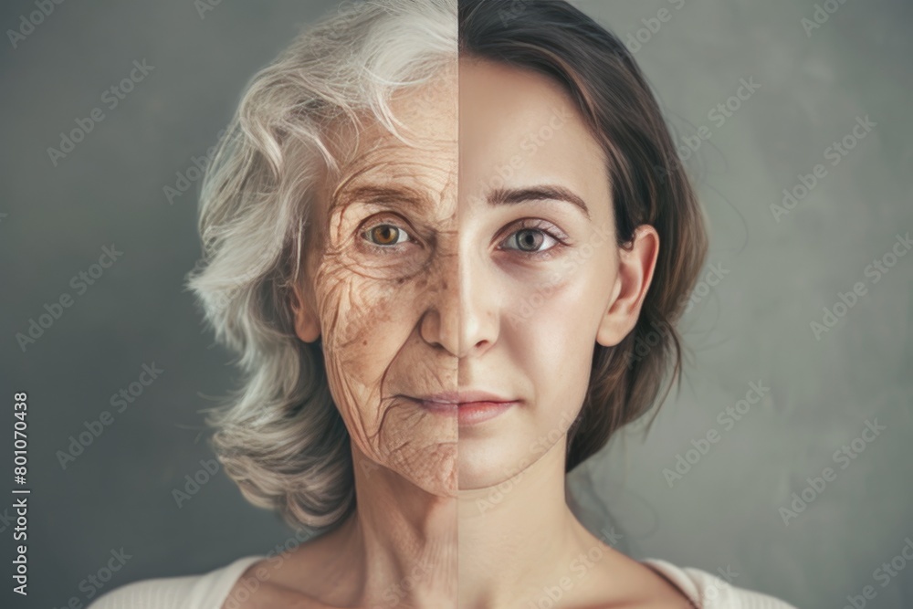 Poster aging bone structure and acne impacts in beauty standards contrasted with compression lines and colo