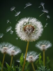 Single dandelion, in full seed, stands tall with its delicate white fluff catching wind, dispersing seeds into air.