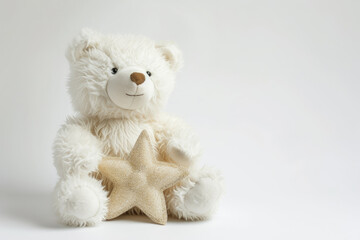 Cute teddy bear teddy with star on beige horizontal background. Soft baby toy, copy space template