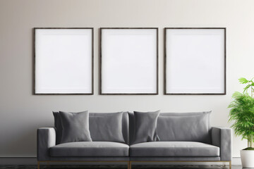 Modern Living Room with Gray Sofa and Three Blank Frames