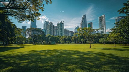 A park with lush green grass and a view of the city skyline in the background