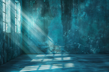 Nostalgic and charming, an antique cyan grunge room with hints of retro sun rays.