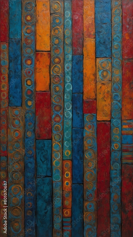 Poster vertical stripes of various widths in warm, cool colors alternate across canvas. many of stripes fea