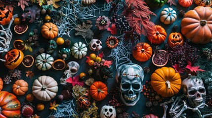 A table adorned with numerous Halloween decorations, including pumpkins, spooky figurines, candles, and spider webs, creating a festive and eerie atmosphere