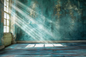 Soft retro sun rays in an antique teal grunge room evoke old-world charm.