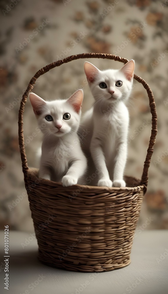 Poster AI generated illustration of two small white cats resting in a basket on a table