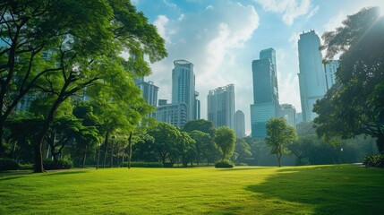 A park with lush green trees and grass, with a view of the city skyline in the background.