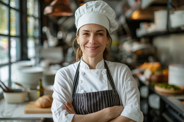 Smiling Professional Female Chef in Restaurant Kitchen