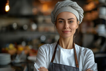 Confident Female Chef in Modern Restaurant Kitchen