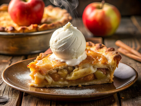 Slice of traditional apple pie with ice cream served on table, closeup