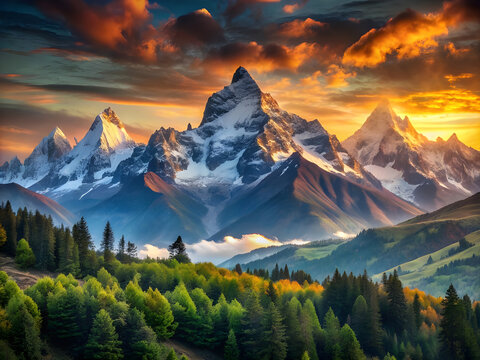 Sunrise view on Bernese range above Bachalpsee lake. Peaks Eiger, Jungfrau, Faulhorn in famous location in Switzerland alps, Grindelwald valley
