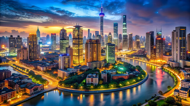 Panoramic view of famous Dubai skyline. Skyscrapers of modern city and glittering night lights