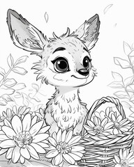 Coloring Page, Black and white, a cute cartoon Deer with big eyes 