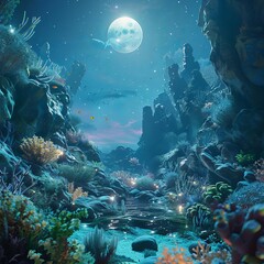 The moon shines brightly over a coral reef, illuminating the vibrant colors of the coral and the fish that swim among them
