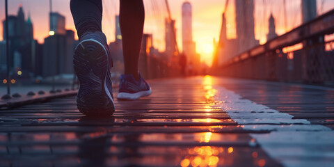 Young jogger running on a city bridge at sunrise, with the skyline in the background on early...