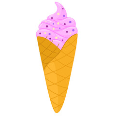 Ice-cream swirl in wafer cone. Summer frozen dessert, takeaway ice cream. Cold cool sugar snack. Vector illustration isolated