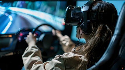 A woman wearing a headset while driving a car in a virtual reality simulator