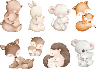 Watercolor Illustration Set of Mom and Baby Wooden Animals