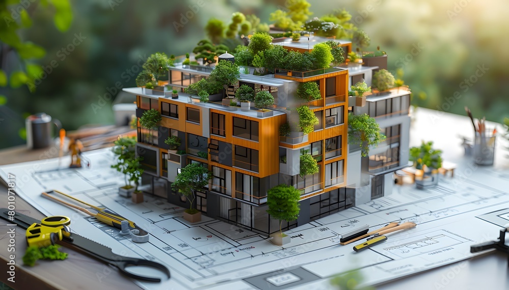 Poster a model of an apartment building with modern architecture and green spaces, surrounded by constructi
