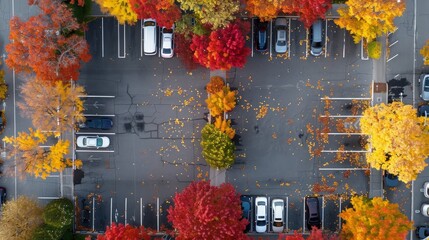 This aerial image showcases a semiorganized parking lot with a sprinkling of autumn leaves adding a seasonal touch to the urban environment
