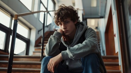 Teenage boy sitting on school staircase, head resting on hand, looking contemplative