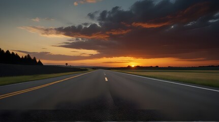 Fototapeta premium Road to the moon in the desert: A surreal landscape of a highway leading to a full moon over a barren desert at night.generative.ai 