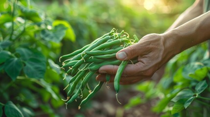 A hand holding a bunch of fresh green beans against a softly blurred outdoor background - Powered by Adobe
