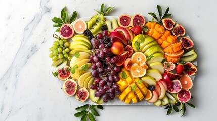 A variety of fresh fruits arranged neatly on a white marble platter, showcasing colors and textures in a symmetrical display