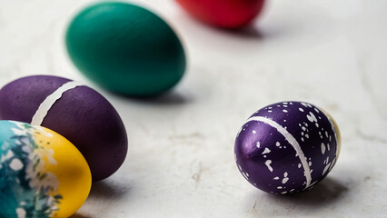 Colored easter eggs in carton on wooden white shabby background
