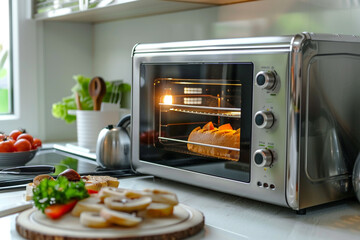 A toaster oven with digital controls and preset cooking functions.