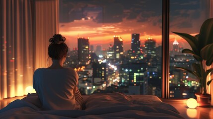 Peaceful moment as a woman looks out to a cityscape from a modern bedroom with warm lighting