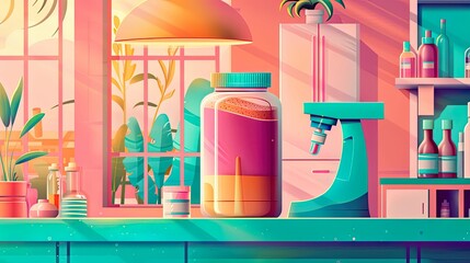 Protein Powder, Revolutionary vegan supplement, Sleek modern laboratory with scientific equipment in the background, 3D render