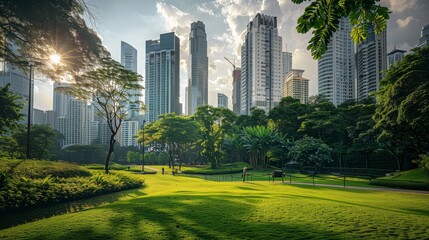 A park in the middle of a big city with skyscrapers