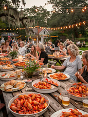 A warm summer evening in Sweden. A group of joyful Scandinavian friends gather for a traditional kräftskiva, celebrating with laughter and song under the golden hour light.