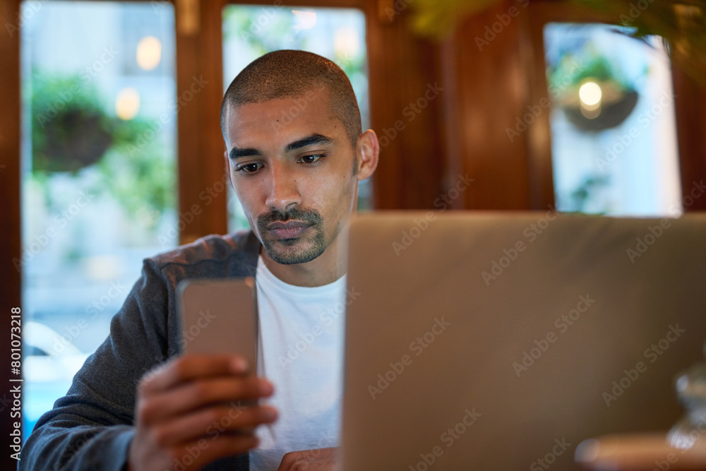 Poster laptop, phone and businessman in cafe working on creative web design for startup company. technology