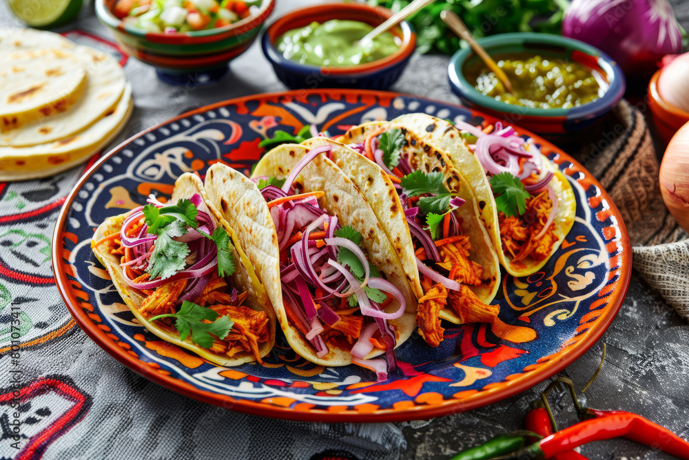 Wall mural colorful plate of tacos filled with chicken, slaw and pickled red onion - Wall murals