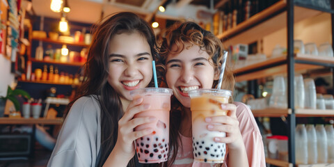 Two cheerful sixteen years old girls with bubble tea in trendy bubble tea shop.