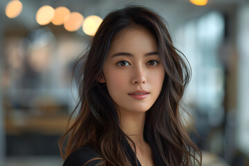 Trendy Young Asian Woman with Shiny Eyes in Urban Environment