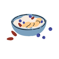 Dish of oatmeal cereal with berries, almonds. Bowl of porridge, granola with fruit slices, nuts. Healthy food for breakfast. Organic eating. Flat isolated vector illustration on white background