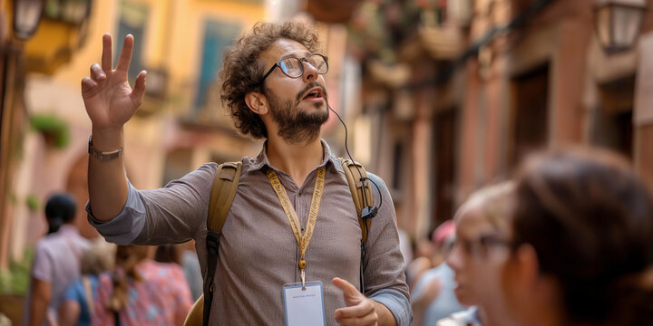 Tour guide leading a group of visitors to tourist attractions, giving them information and insights, pointing at local architecture.